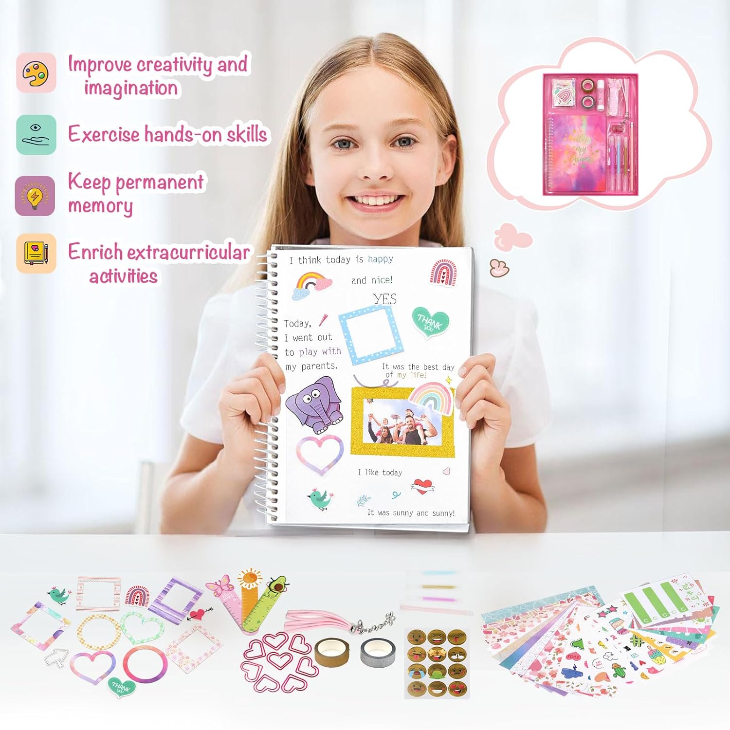 DIY Journal Kit for Girls,58+Pcs Idea for Ages 8 9 10 11 12 Year Old,Birthday/Christmas/Valentine's day Gifts for Girls,Art and Crafts for Kid Scrapbook and Diary Supplies Set (Pink)