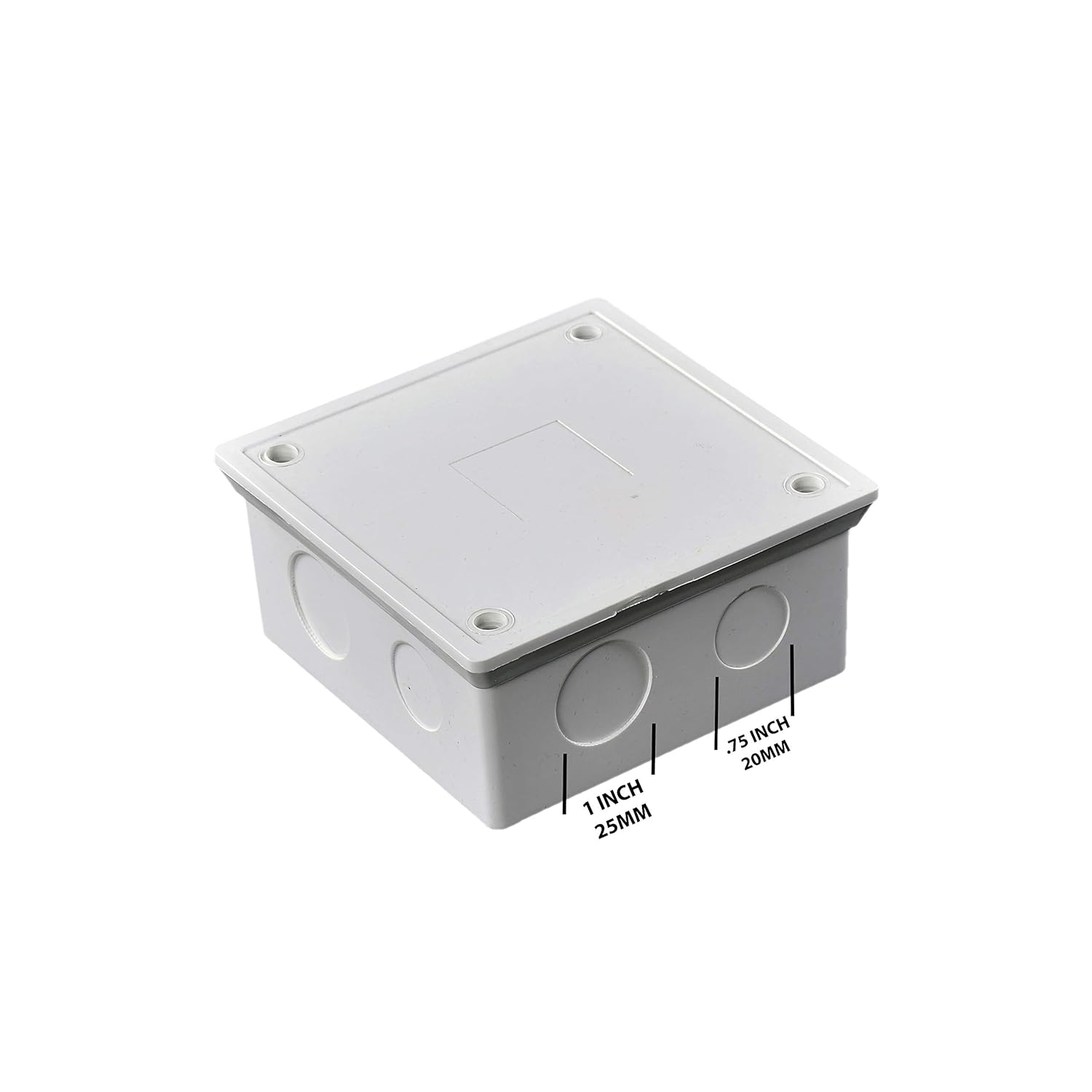 4" x 4" x 3" White PVC Junction Box – Heavy-Duty Plastic Electrical Conduit Box with Pre-Molded 1/2" & 3/4" Knockouts, Snap-Off Cover & Metal Lid Screws Included