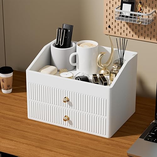 Miniatura 6 de Organizador de escritorio, accesorios de escritorio de cuero vegano beige y blanco y organizadores de espacio de trabajo con 2 cajones y bandeja,