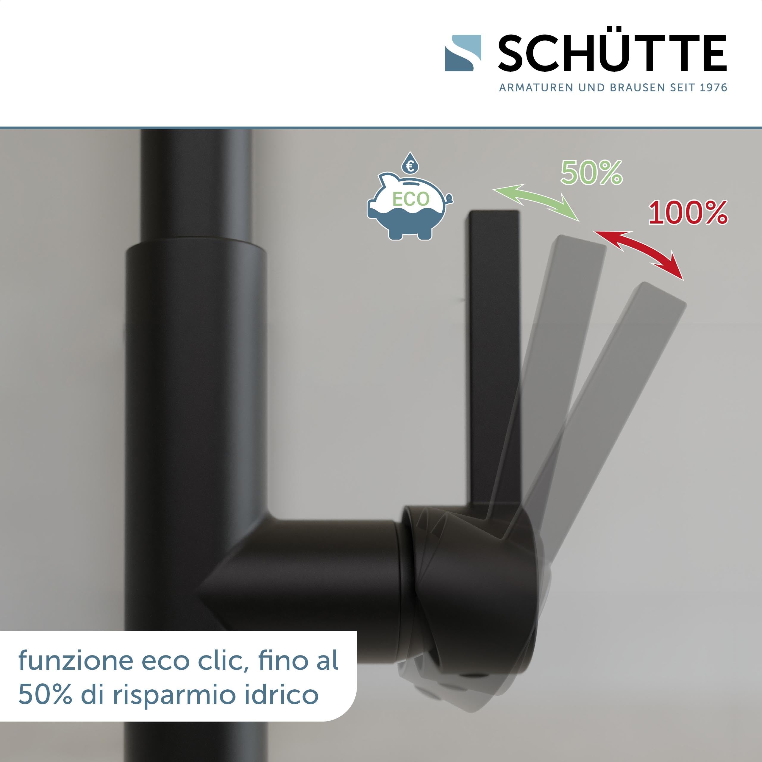 SCHÜTTE GLASGOW 79586 - Rubinetto flessibile per lavello con funzione Eco-Click, rubinetto da cucina, rubinetto nero, beccuccio con tubo soft touch, girevole a 360 gradi, rubinetto cucina
