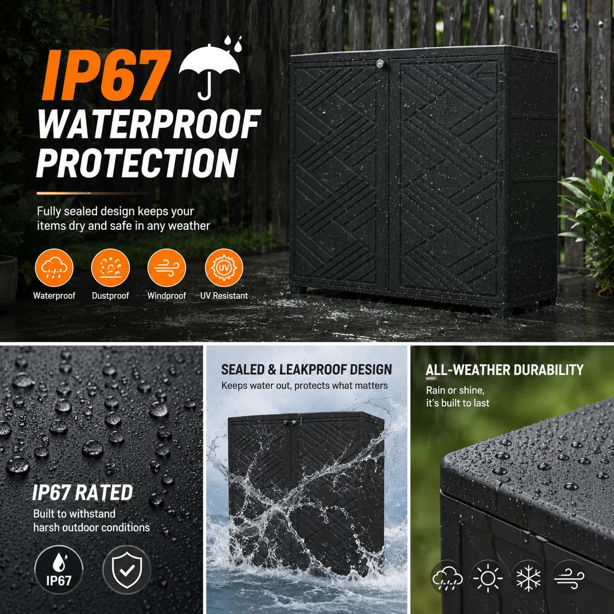Indoor/Outdoor Storage Cabinet Weatherproof with 1 Shelf, HDPE Waterproof Plastic Outdoor Storage Cabinets, 60 Gallon Plastic Shed for Garden, Vertical Outdoor Storage Box for, Garden Tools, Black
