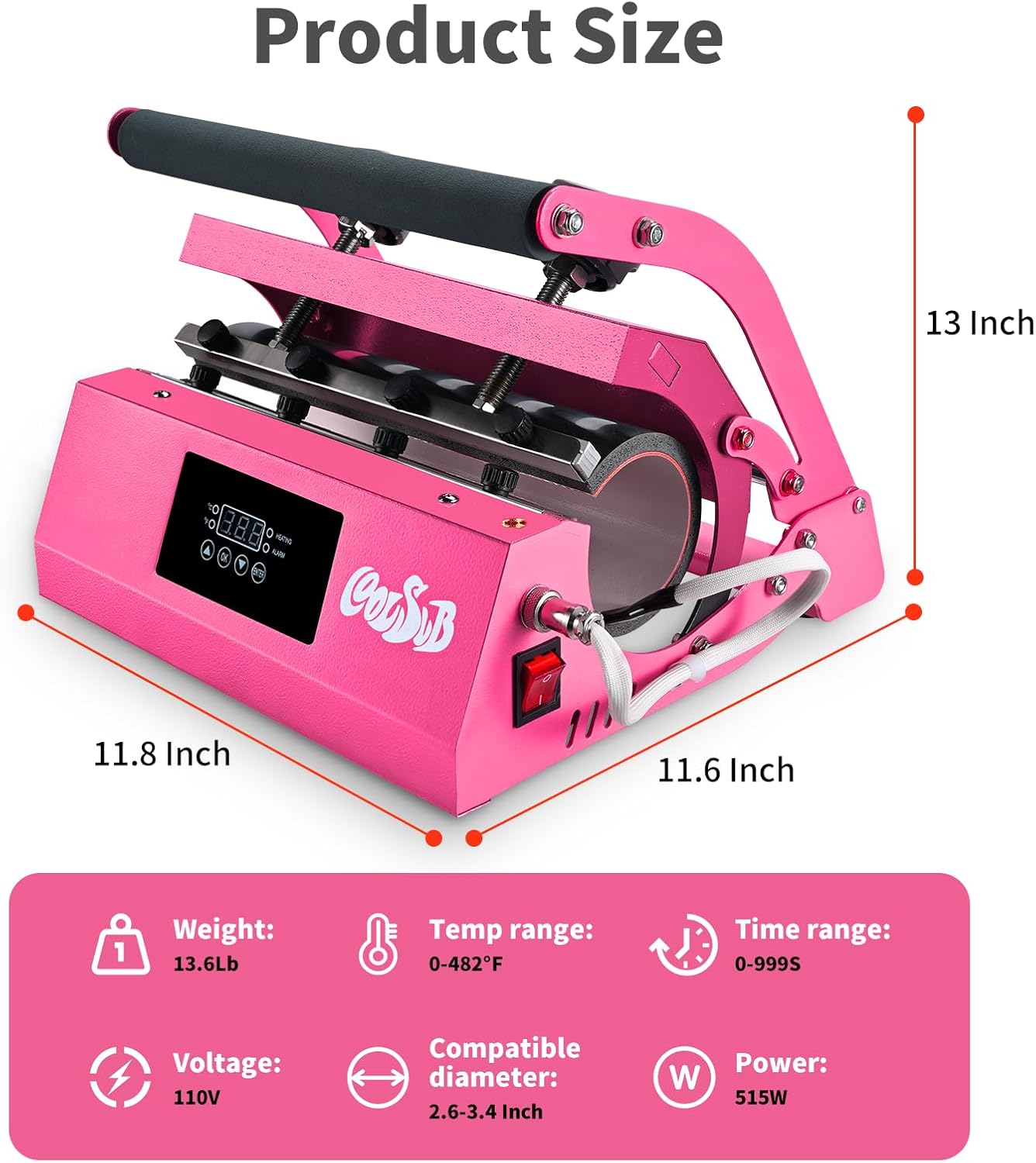 Tumbler Heat Press Machine, Mug Press Machine for 20oz 30oz, Sublimation Blank Skinny Tumbler Glass Jar Can 11-16oz Mugs, Heat Transfer Print for Sublimation Tumblers, Cups, Mugs Hot Pink