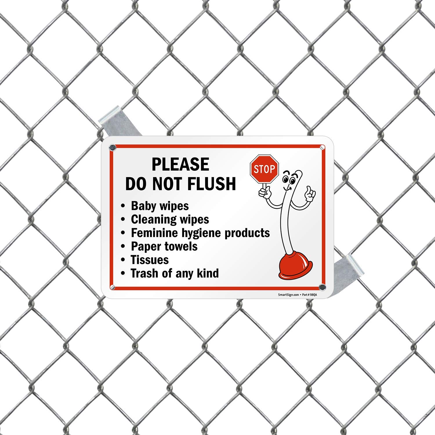 SmartSign 7 x 10 inch “Please Do Not Flush - Wipes, Feminine Hygiene Products, Paper Towels, Tissues, Trash” Bathroom Etiquette Sign with Funny Stop Symbol, 55 mil HDPE Plastic, Red, Black and White