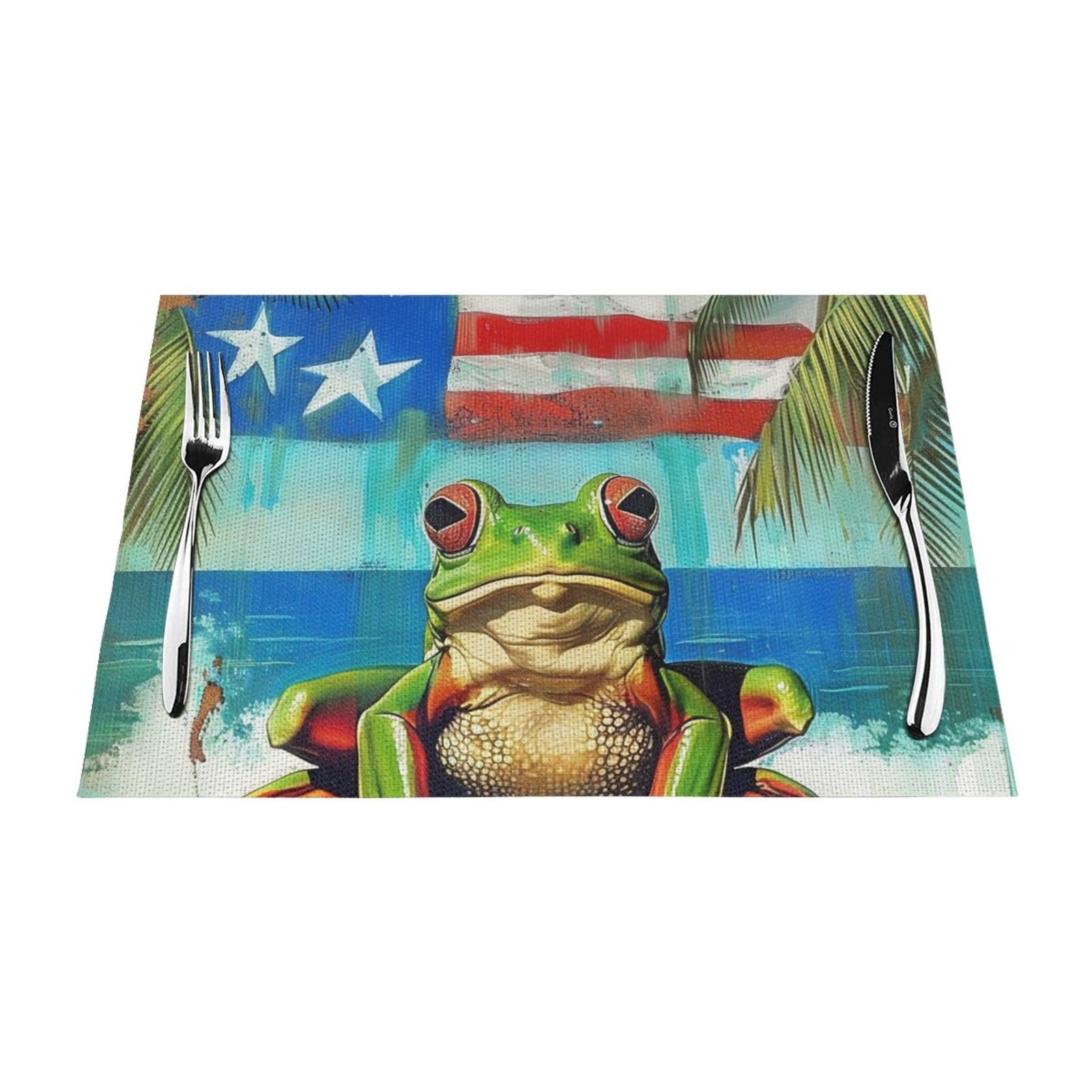 Puerto Rico Flag Frog Palm Trees Printed PVC Placemat 4 PCS for Kitchen Dining Table Heat-resistand Washable Table Mats 18x12 in