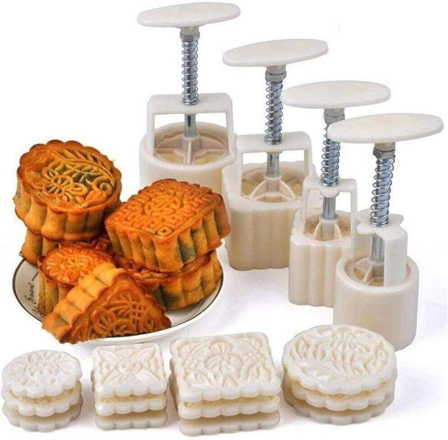 JIAKAI Mid-Autumn Festival Hand-Pressure Moon Cake Mould With 12 Pcs Mode Pattern For 4 Sets