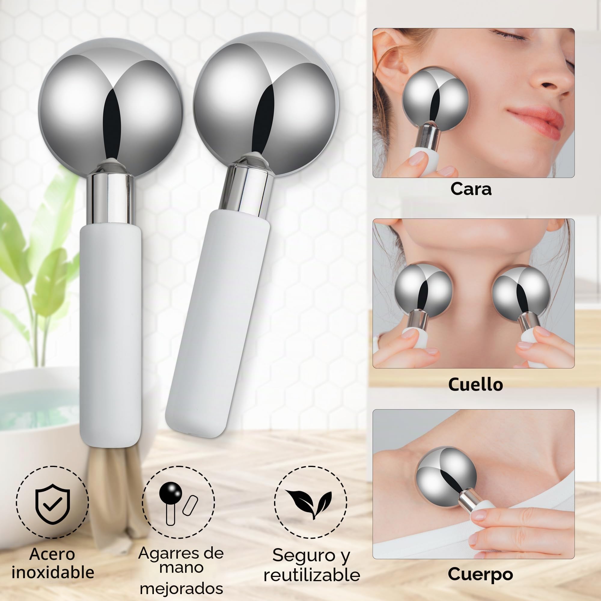 Floraison Rodillo de enfriamiento de hielo para la piel de la cara, bolas frías, acero inoxidable quirúrgico para masaje facial, cuello, ojos, tratamiento antienvejecimiento varitas