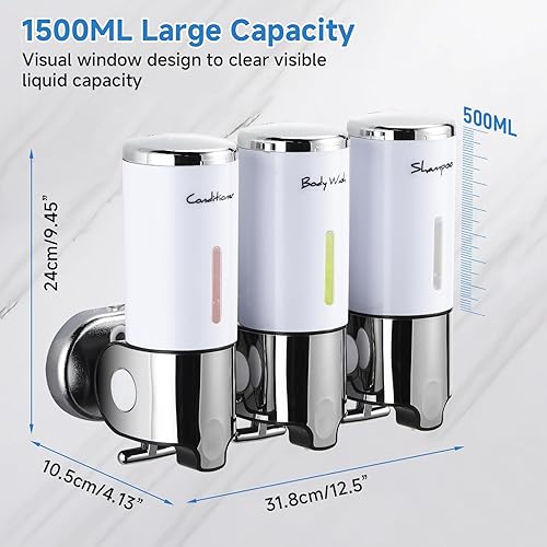 Vista 5 de Dispensador de champú y acondicionador, dispensador de jabón de ducha de 3 cámaras, sin taladro, dispensador de champú para ducha, dispensador