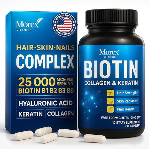 Biotin - Suplemento de queratina de colágeno con ácido hialurónico, 25,000 mcg de vitaminas para el crecimiento del cabello para hombres y mujeres,