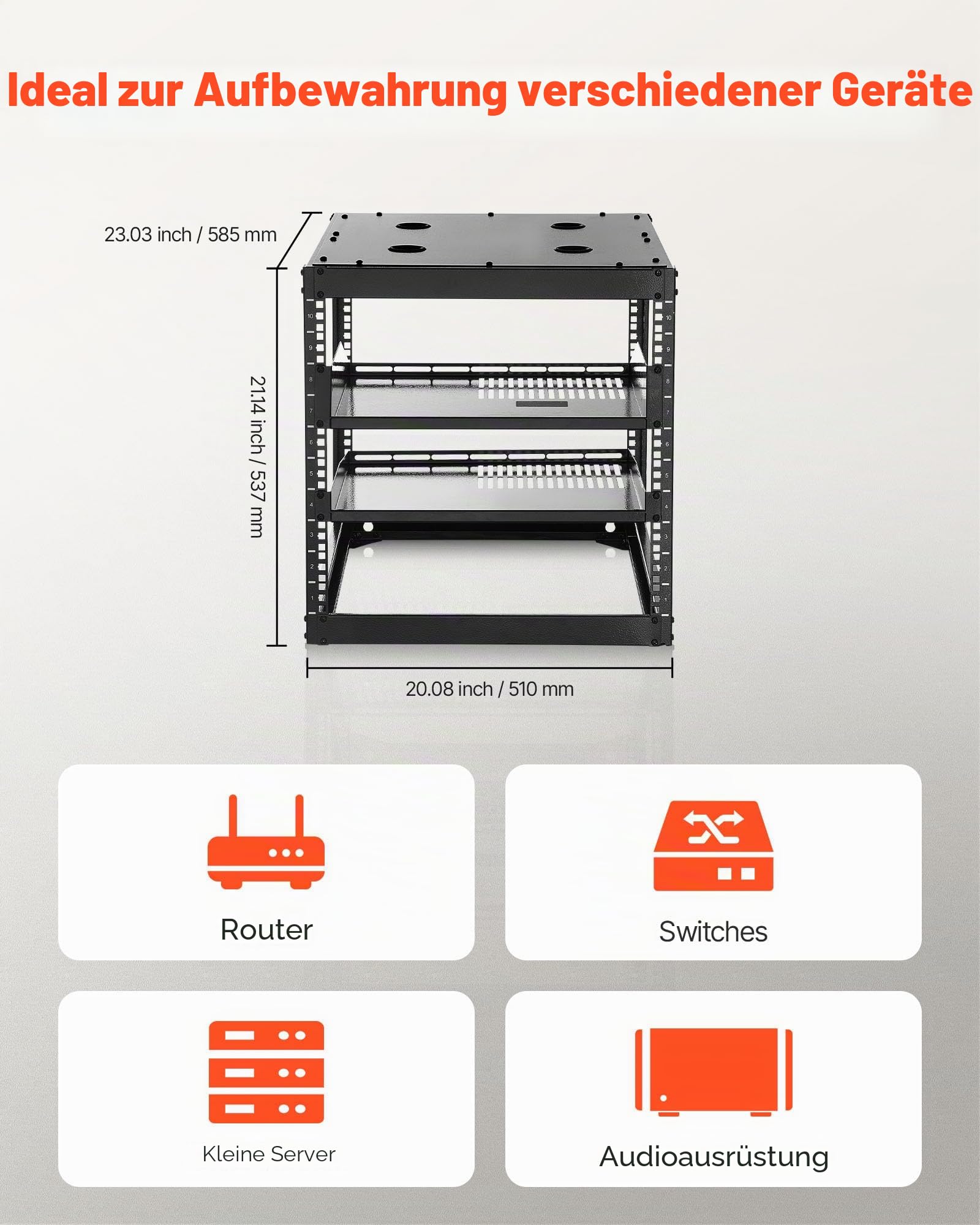 VEVOR 10U Open Frame Netzwerk-Rack, 585 mm Tiefe, Wandmontage oder als Stand-Server-Rack, 4-Pfosten-Konstruktion, mit belüfteten Regalen & Montagezubehör, für All Netzwerk-IT-Geräte &AV-Ausrüstung