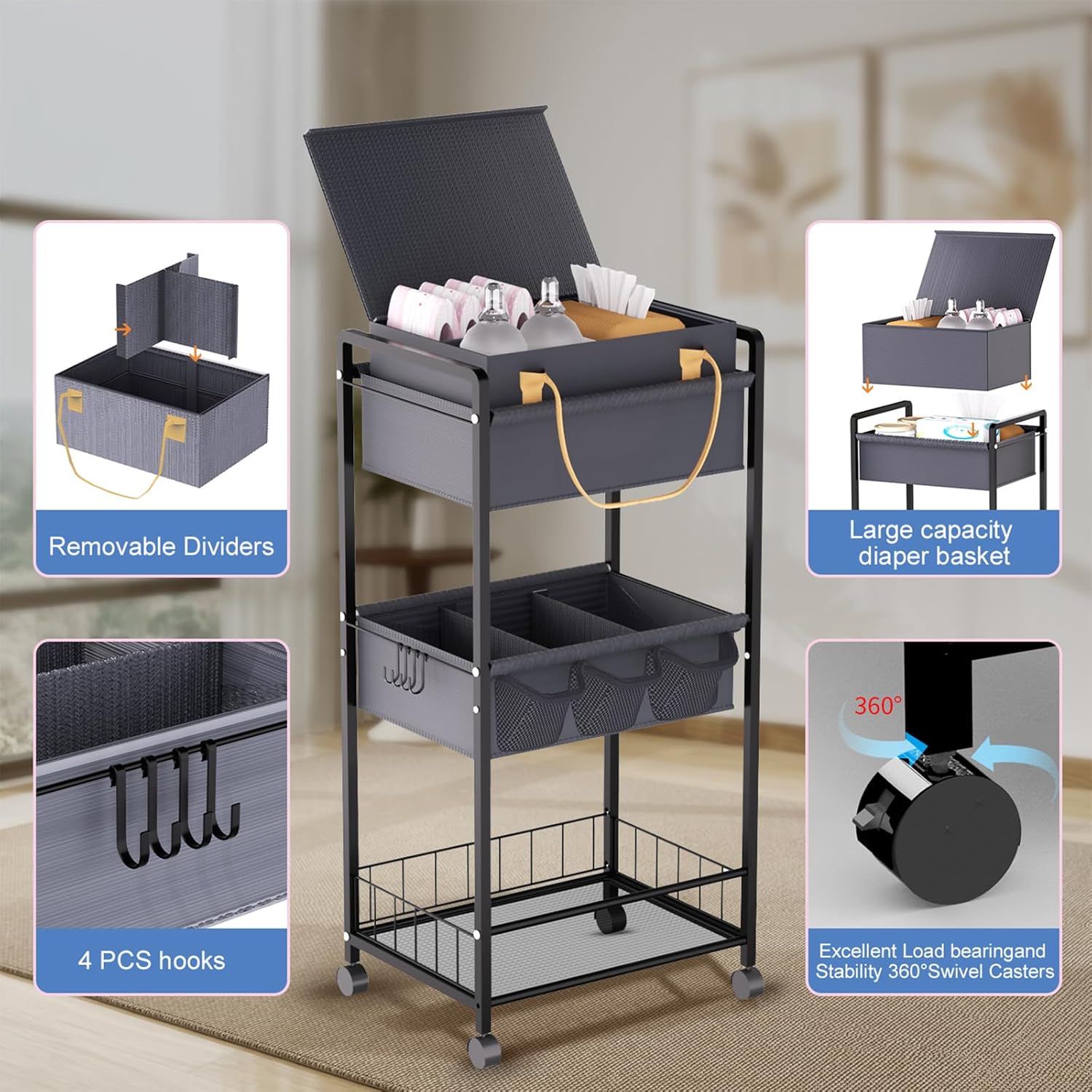 Baby Diaper Caddy Organize-3 Tier RollingDiaper Cart Newborn essentials Diaper2In1 Caddy With Dividers & Removable Diaper Caddy for Nursery Storage Bin CartBedroomBedsideChanging Table & Crib