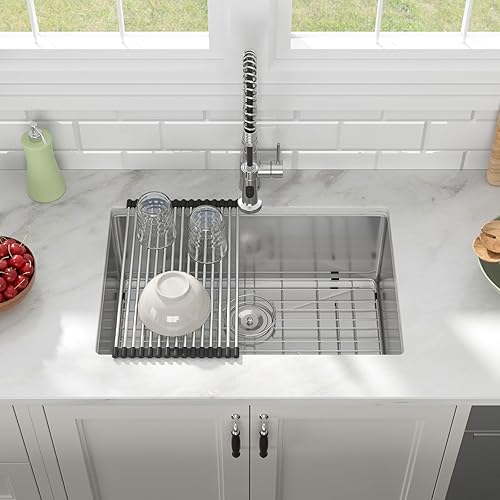 Miniatura 2 de Fregadero de cocina de 27 x 18 pulgadas, calibre 16, acero inoxidable 304, hecho a mano, fregadero de cocina de un solo tazón debajo de la encimera,