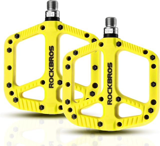 ROCKBROS Bicycle Pedals Nylon Pedals Composite Flat Pedals 9/16 Inch Mountain Bike Pedals 3 Bearing Non-Slip Waterproof Anti-Dust MTB Bike Pedals Yellow
