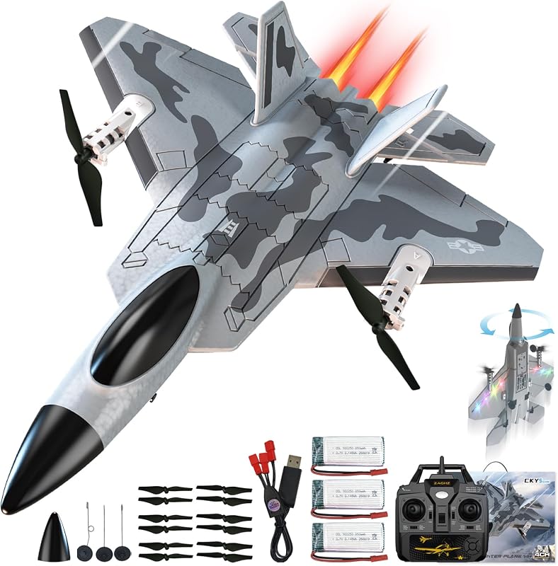 F22 Raptor RC Plane 4 canales nueva versión, avión de control remoto de despegue vertical con giroscopio y luces de 6 ejes, avión RC acrobático 3D para adultos | 3 baterías