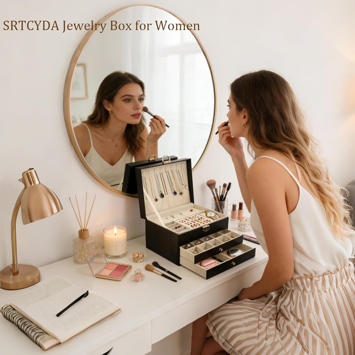 SRTCYDA Jewelry Box for Women, Large PU Leather jewelry organizers and storage, 3-Layer Jewelry Storage with 2 Drawers, Space-Saving Design for Vanity, Holds All Types of Jewelry (Black)