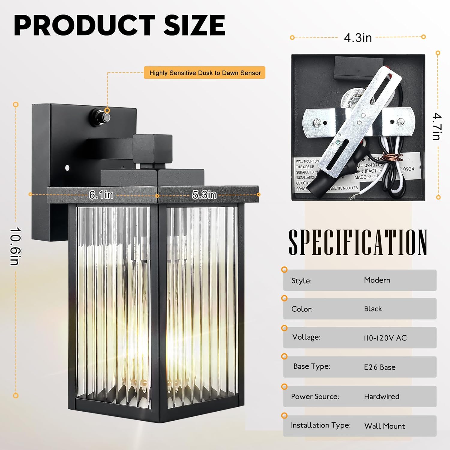 2 Pack Dusk to Dawn Outdoor Lighting, Modern Wall Sconce with Textured Glass, Waterproof IP65 Exterior Light Fixture, Soft Glow Warm Ambiance for Front Door Porch Garage, 10.6 Inch Height, Black