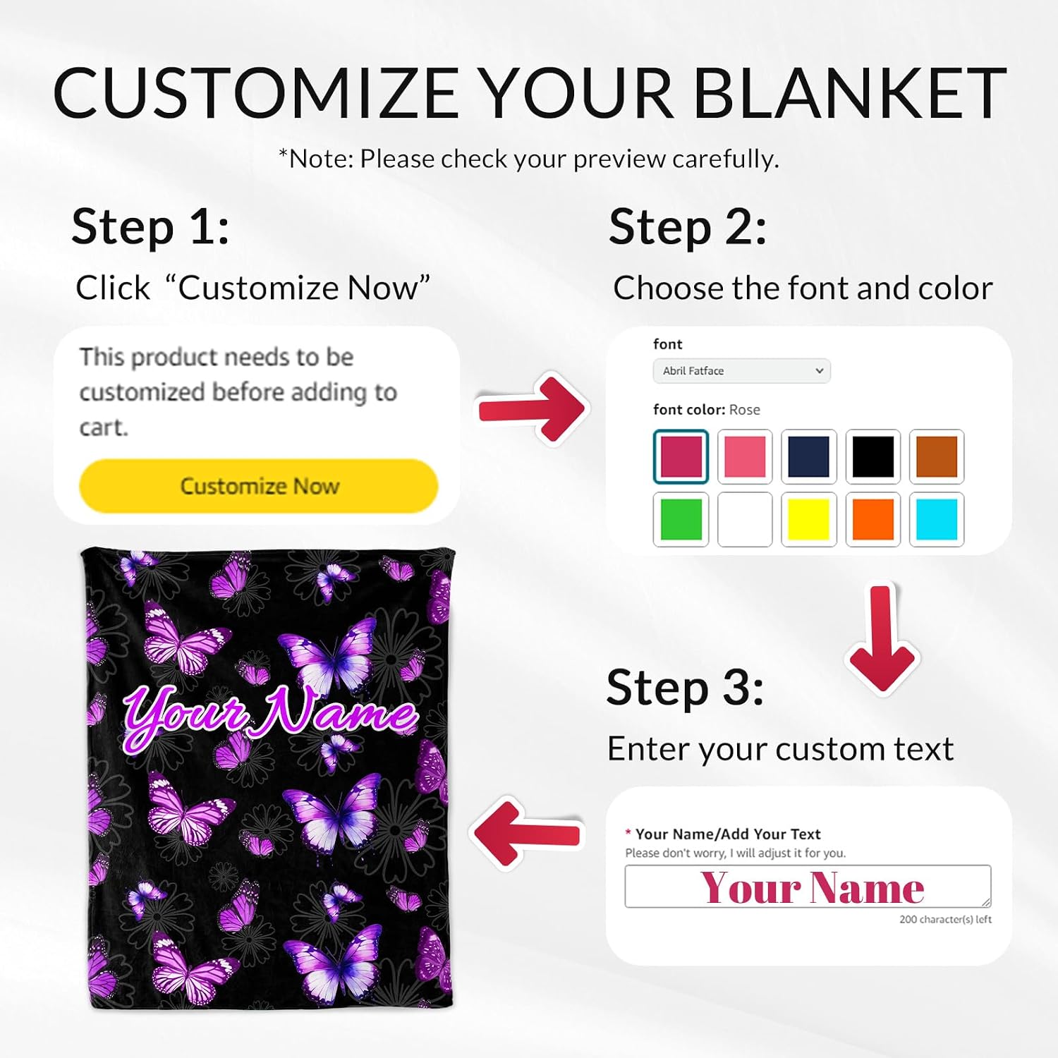 Custom Butterfly Blanket for Girls, Women - 40" x 50" Inches Crib Size - Soft Warm Fuzzy Blankets - Pretty Black Butterfly Throw for Sofa