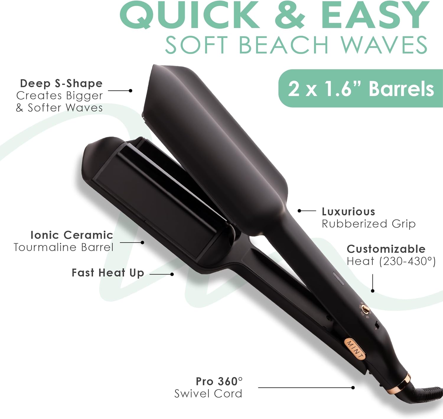 MINT Double Barrel Mermaid Hair Waver for Long Hair | Ionic Deep Waver Tool Creates Volume & Large Beach Waves | Wave Crimper Tool | Waving Iron with Adjustable Temperature - Image 4