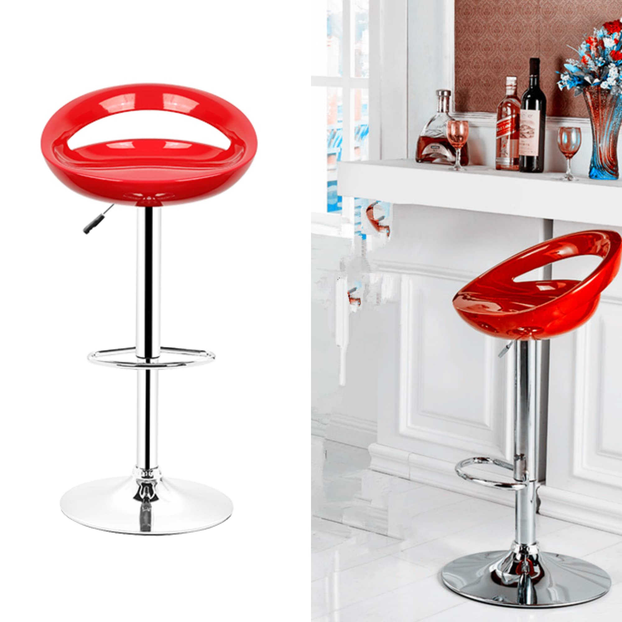 Juego de 2 Taburetes Altos de Cocina, Altura Ajustable 81-101 cm, Taburetes de Bar, Asiento 43×43×26 cm de Plástico ABS, Taburete Alto con Soporte Lumbar y Reposapiés (Rojo)