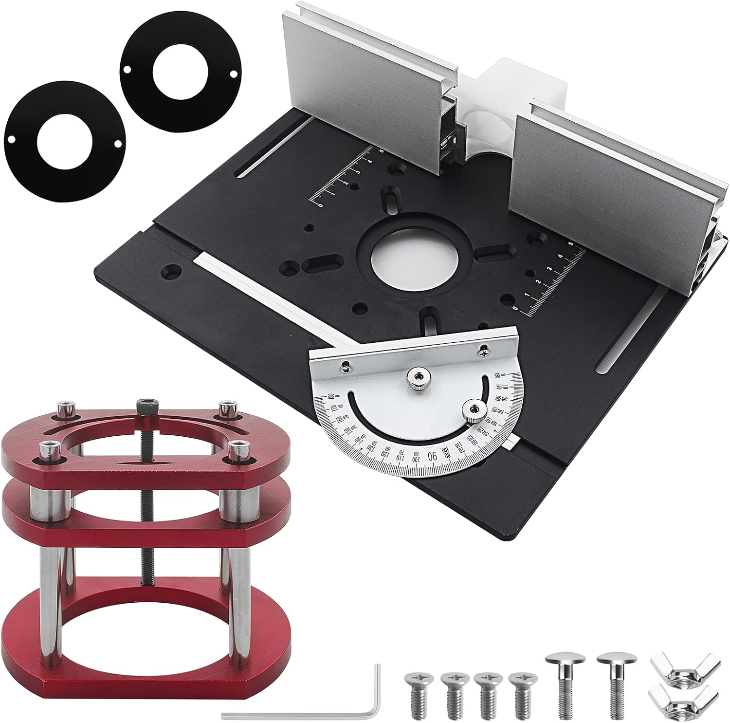 Router Lift Frästisch-Hebeset – 3 Einlegeplatten, Hub 51 Mm, Für Fräsen ⌀ 63,8–65 Mm, Aluminium, Schwarz