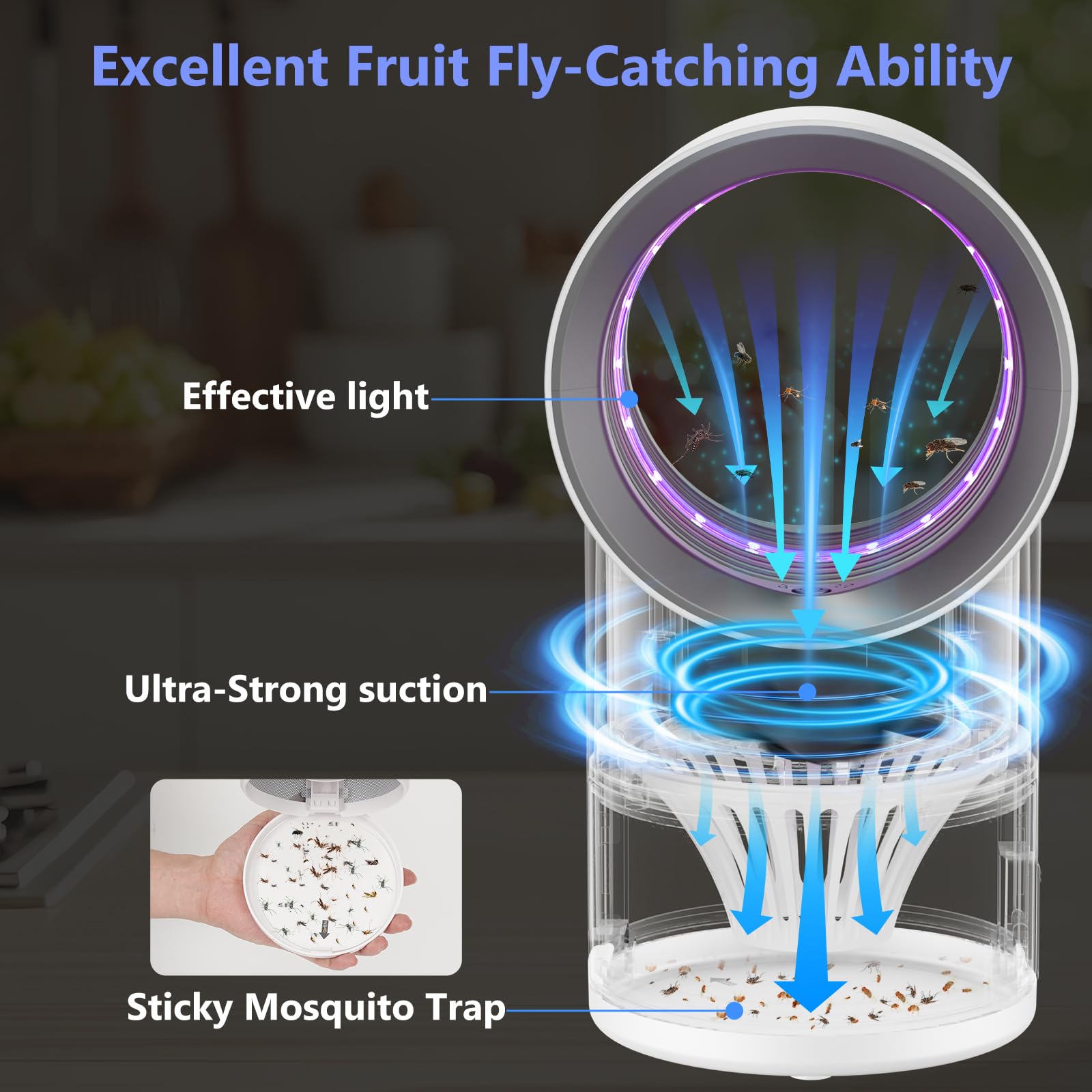 Trappola per mosche della frutta per interni, trappola per mosche con aspirazione, per interni ed interni, trappole per moscerini per casa, con timer e luce per insetti, 10 pezzi di colla adesiva
