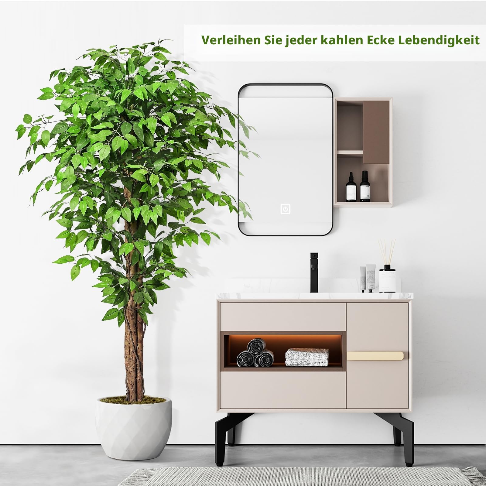 Kunstpflanze Ficusbaum 180cm, Künstliche Pflanzen groß wie echt mit Stamm aus Naturholz, Kunstbaum groß für Wohnzimmer, Schlafzimmer, Büro, Garten