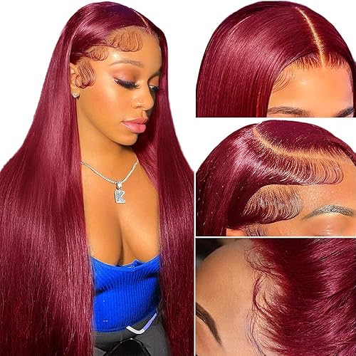 200% Density 99j Burgundy Lace Front Wigs Human Hair 28inch HD 13x4 Straight Lace Front Wigs Human Hair Pre Plucked Wine Red Colored Glueless Wig for Women (13x4 burgundy wigs, 28inch)