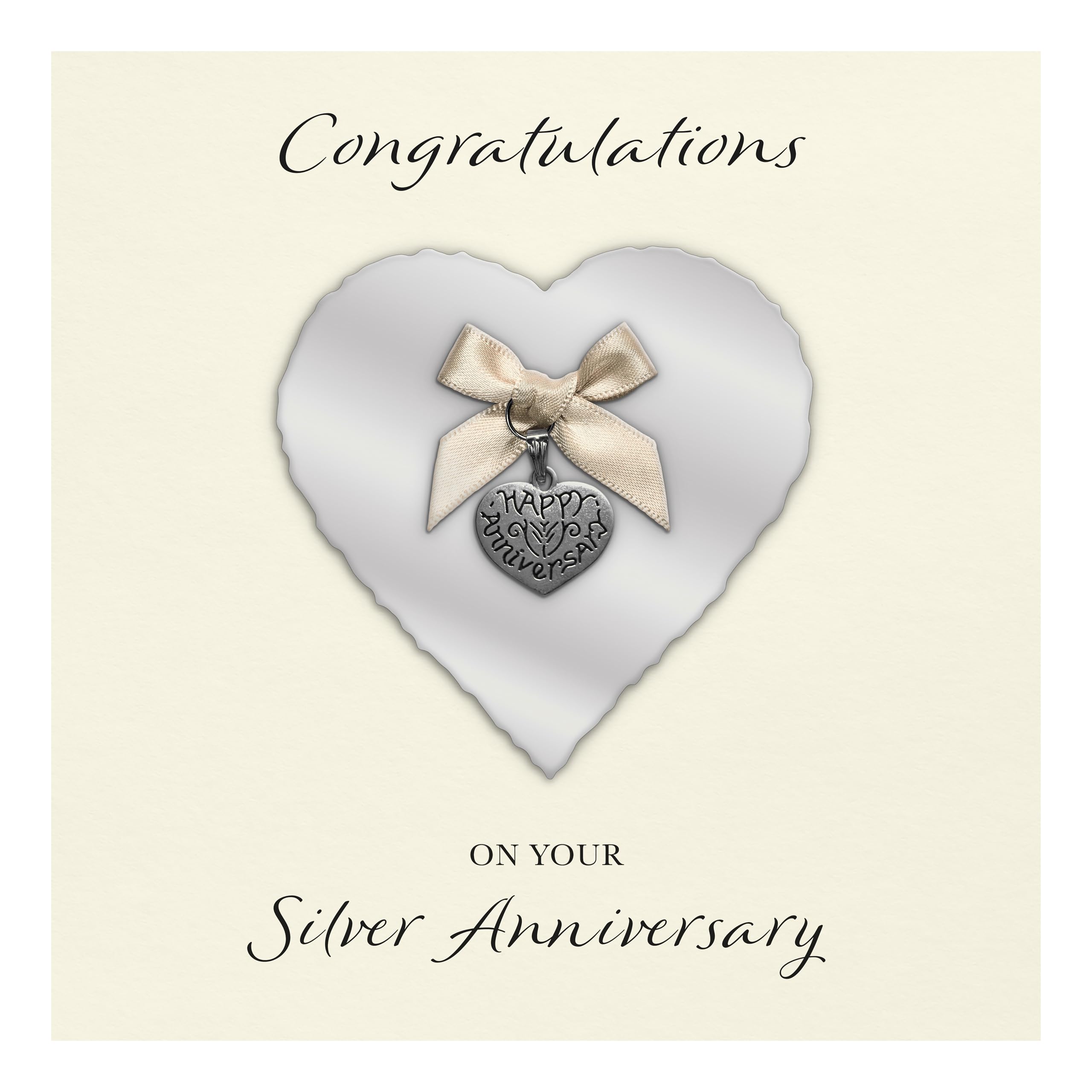 Silver 25th Anniversary Card "Heart Charm & Bow" - Handmade UK (Silver Heart/Ivory Bow, Ivory Cardstock)