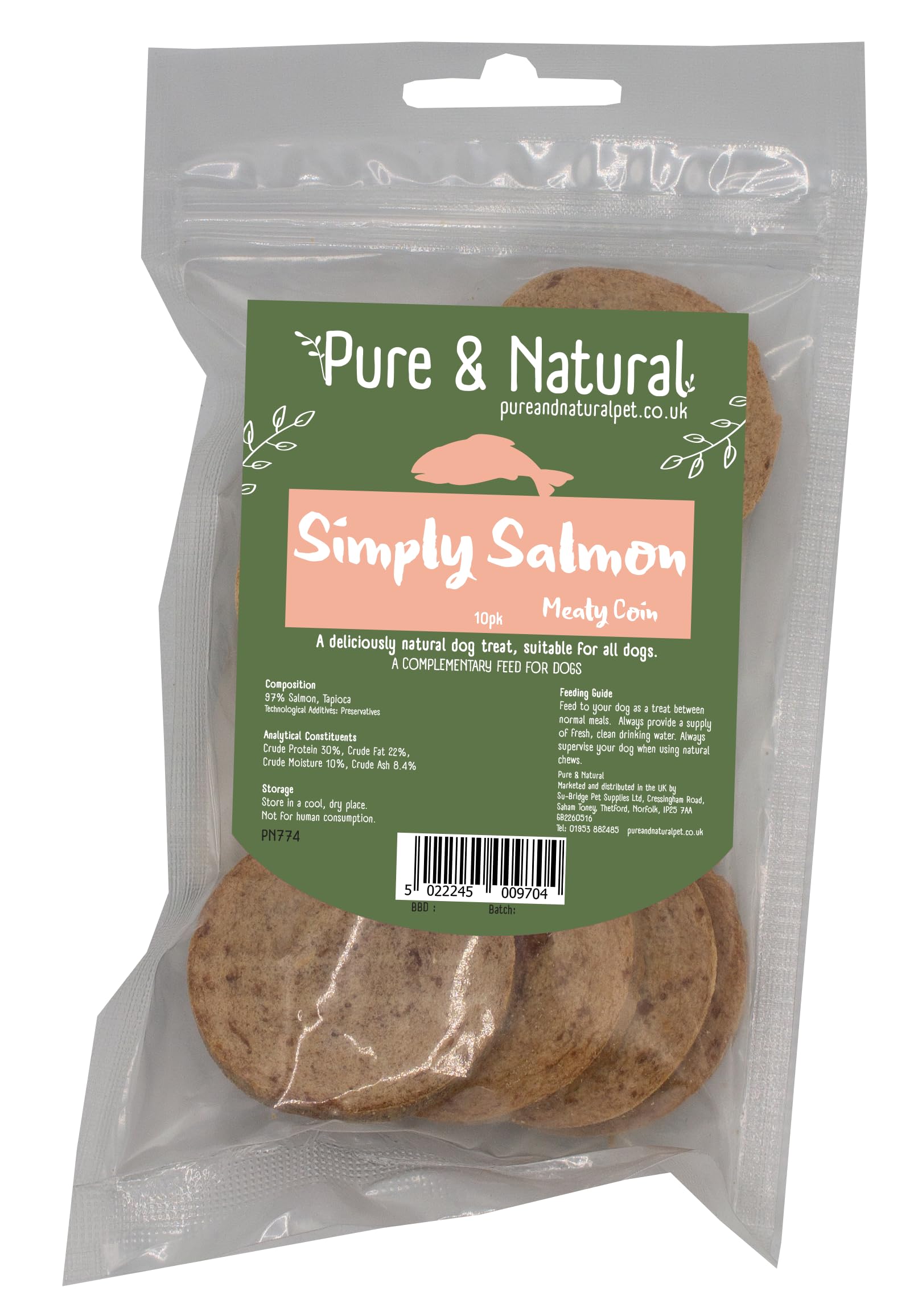 Pure & Natural Meaty Coins - Grain Free Dog Treats in 9 Flavours | Natural Training Treats for Dogs Healthy Dog Chews & Jerky for Dogs - Salmon, 10 Coin Bag