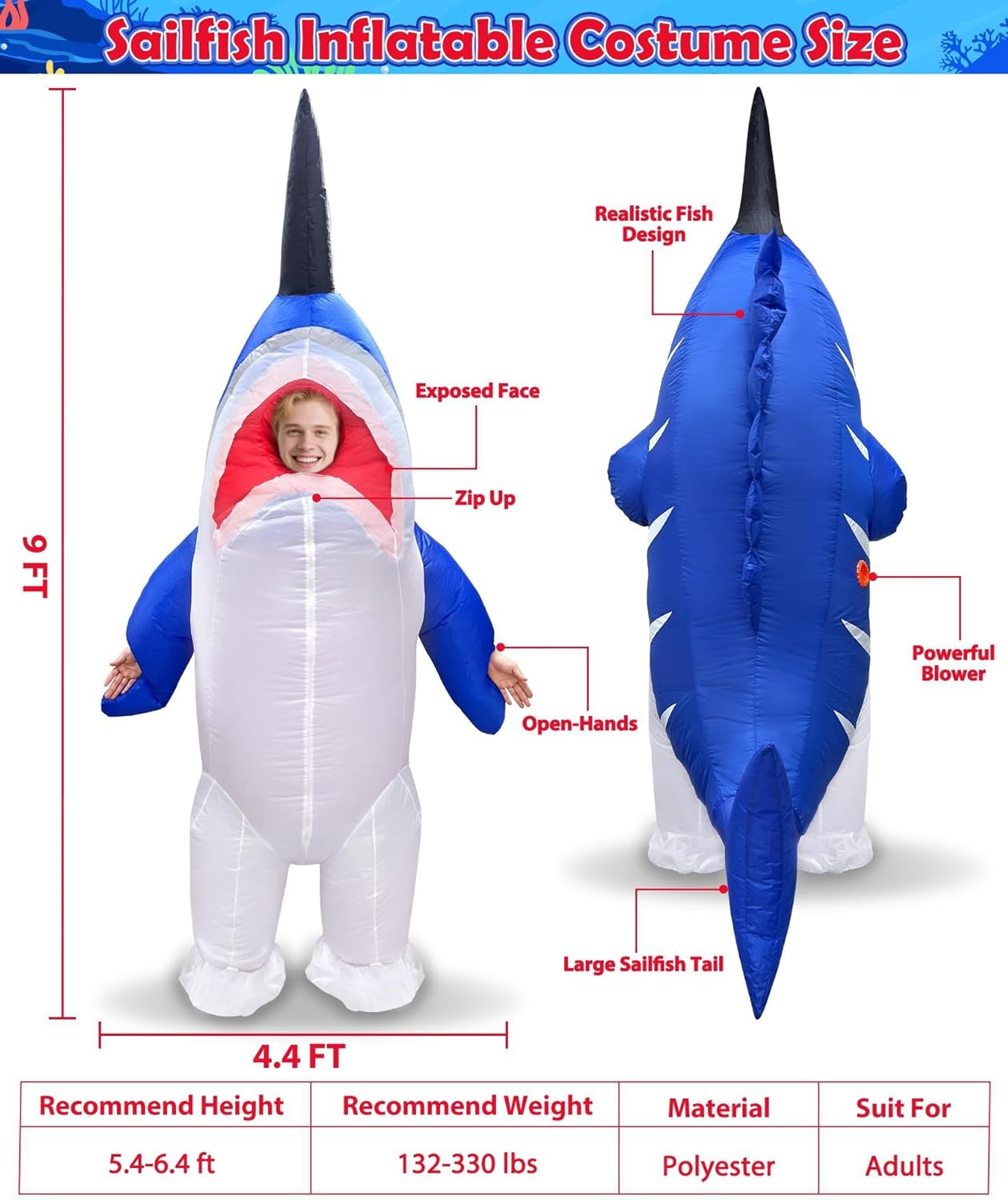 Camlinbo Halloween Inflatable Sailfish Costume Funny Full Body Blows Up Fish Sea Animal Costume for Halloween Cosplay Adult Men Women - Image 5