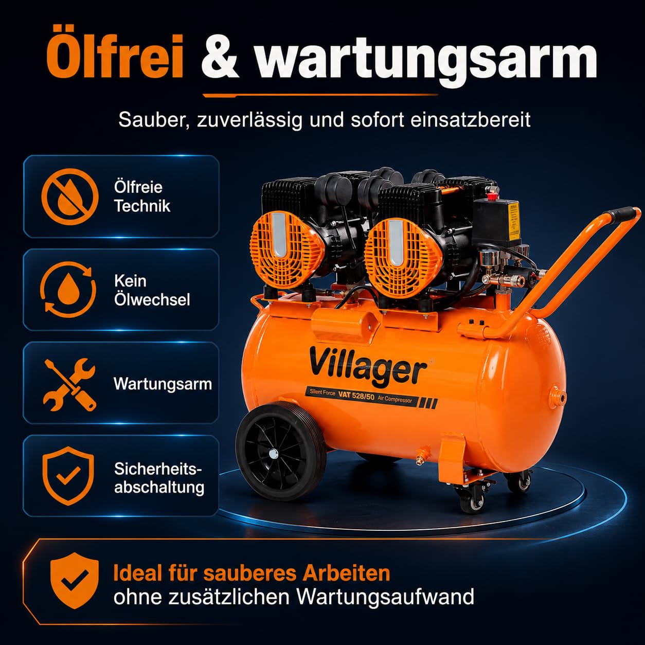 Villager Flüsterkompressor SILENT FORCE VAT 528/50 Kolbenkompressor 8 Bar – Leiser Kompressor, 528 l/min, 50 l Tank, 3000 W, ölfrei & leise - Silent-Kompressor VI-067194
