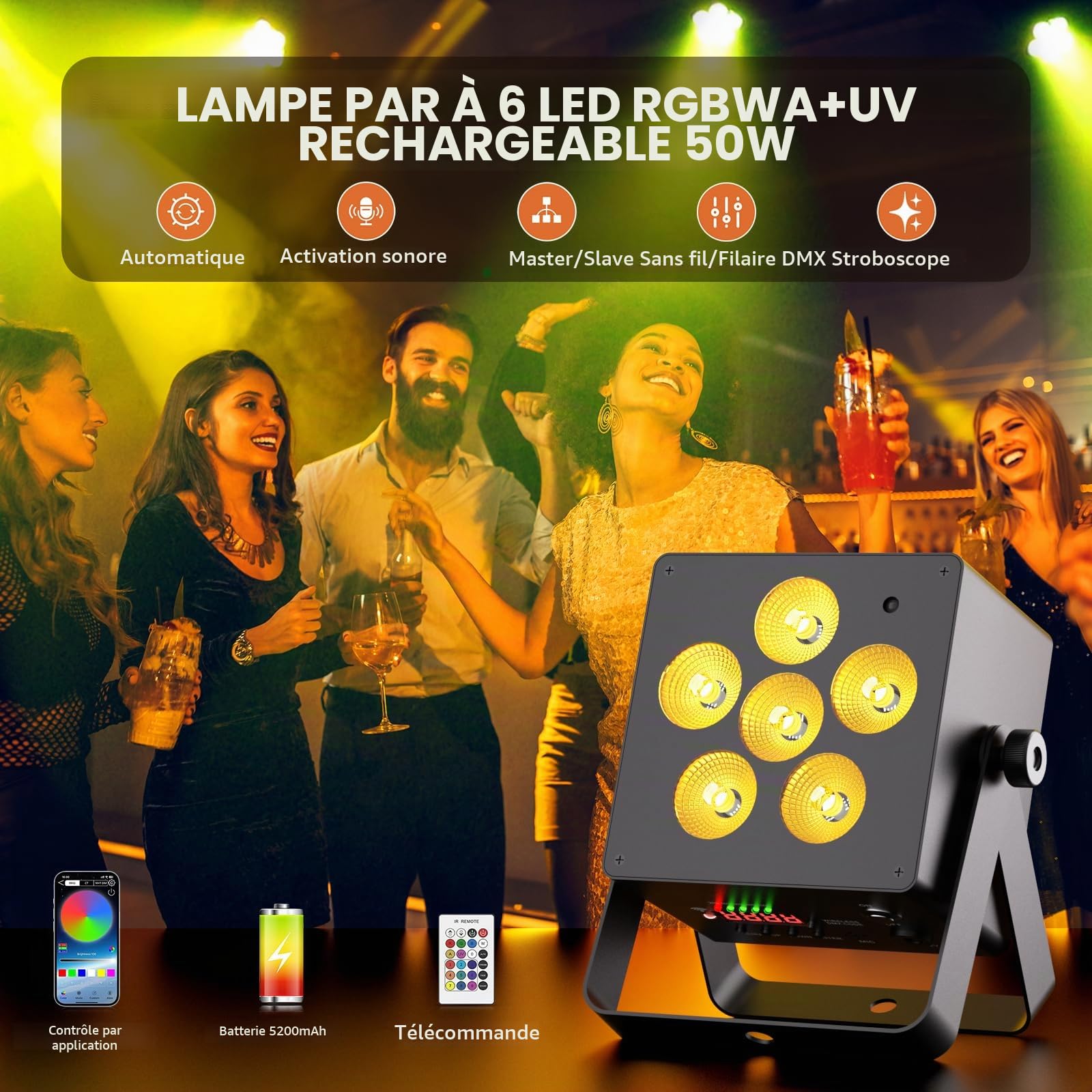 50W APP Par LED Batterie, RGBWA UV Lumiere de Scene 5200mAh Rechargeable, Eclairage Scene Support IR Télécommande, 2,4 GHz sans fil, D MX Contrôle pour Mariage Disco Halloween Noël