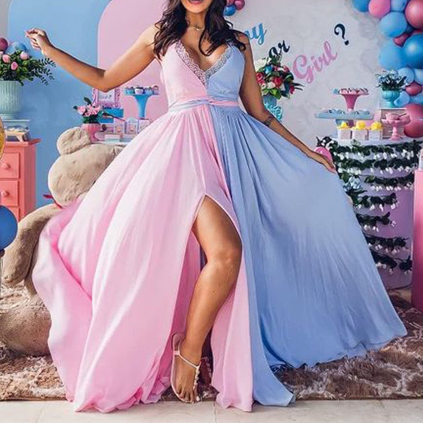 Umstandskleid Frauen Fotoshooting Schwangerschafts Kleid Elegant Split Front Abendkleider Chiffon Tüll Maternity Gown Foto Shoot Kleid Umstandsmode Festlich Hochzeit Langes Shirt Damen Schwarz 50
