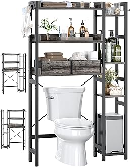 Over The Toilet Storage with 2 Drawers - 7 Tier Bathroom Organizer with Adjustable Shelf, Freestanding Space Saver Storage Rack Above Toilet Stand with 4 Hooks for Restroom, Laundry, Grey Oak