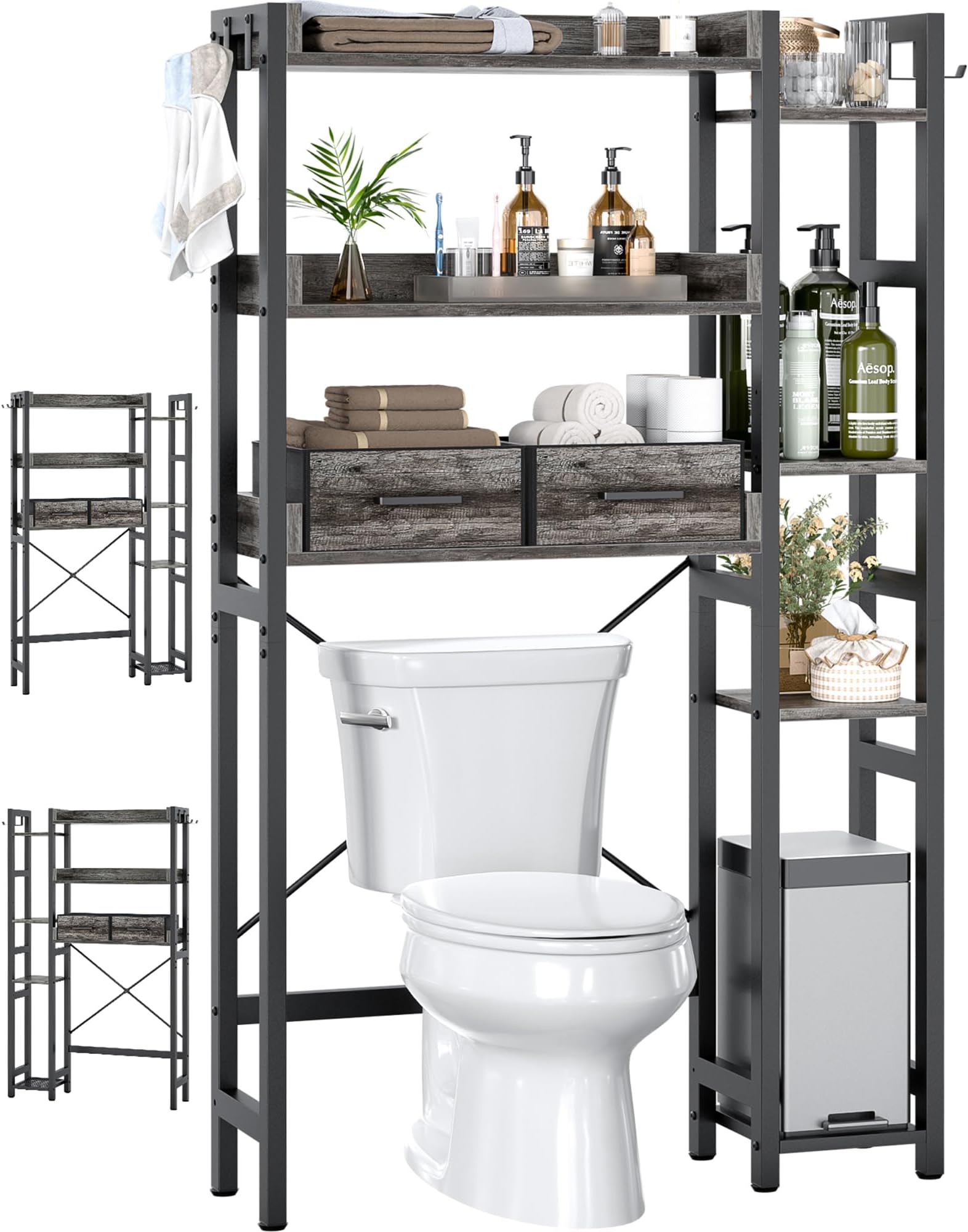 Over The Toilet Storage with 2 Drawers - 7 Tier Bathroom Organizer with Adjustable Shelf, Freestanding Space Saver Storage Rack Above Toilet Stand with 4 Hooks for Restroom, Laundry, Grey Oak