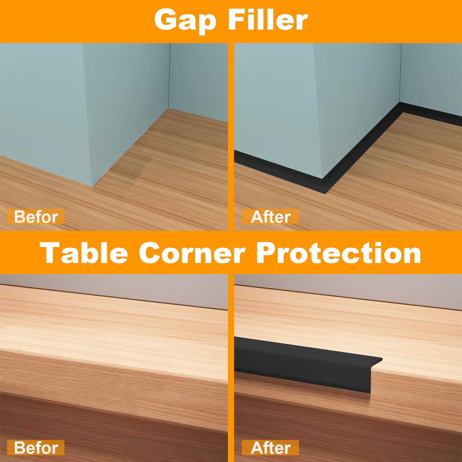 Protection Angle Mur Souple Autoadhésive 2cm x 3.3m, Protection Bord de Table Flexible, Etanche, Décorative, Bande de finition en PVC pour cuisine, salle de bain(Noir)