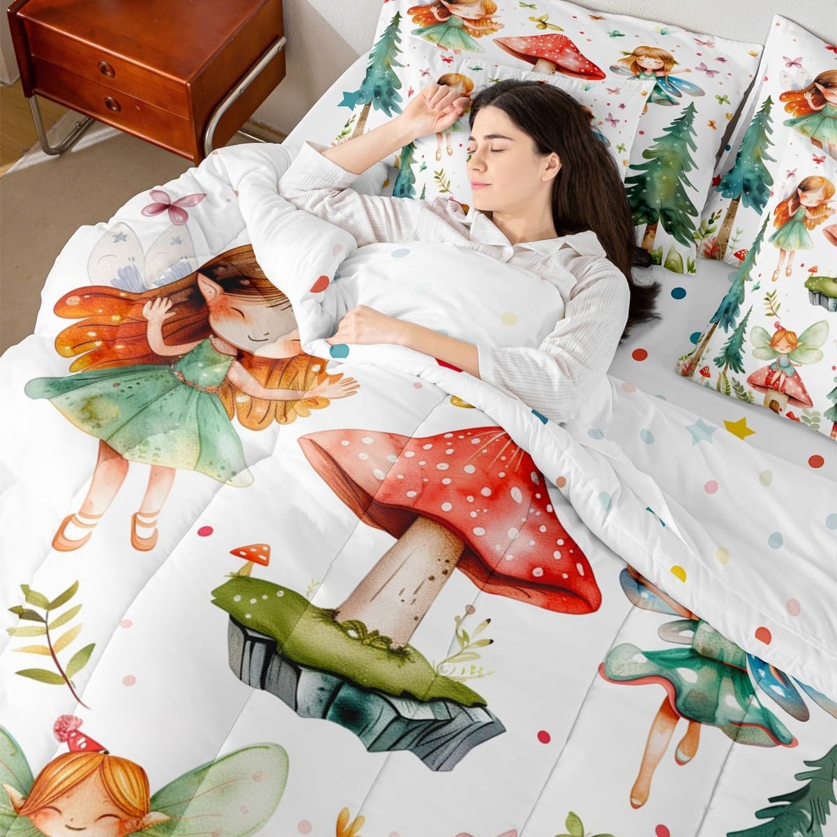 Erosebridal Mushroom & Fairy Twin Comforter Set with Sheets - Butterfly Bedding Set 7 Piece for Kids Girls, Whimsical Fairies Garden Bed Set | Forest Themed Butterflies Fitted Sheet+Flat Sheet