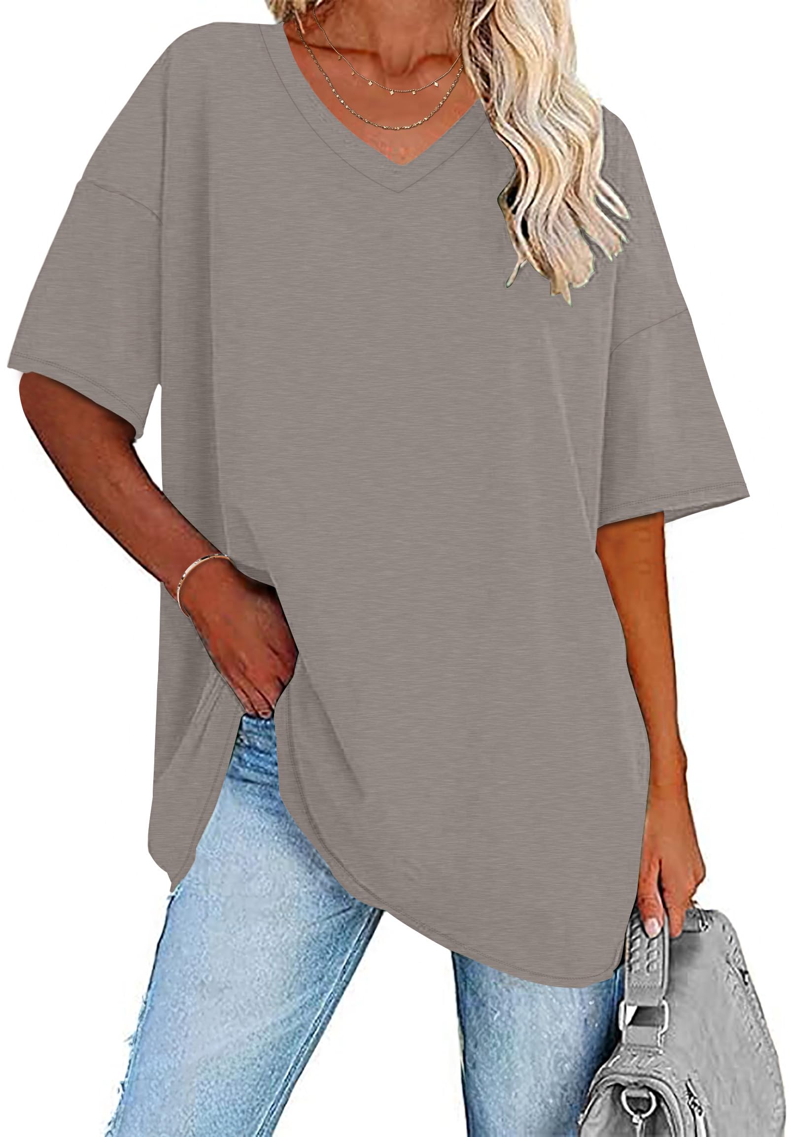 WNEEDU T-Shirt Damen Sommer Oversize Shirt Kurzarm V Ausschnitt Oberteile lässiges Top