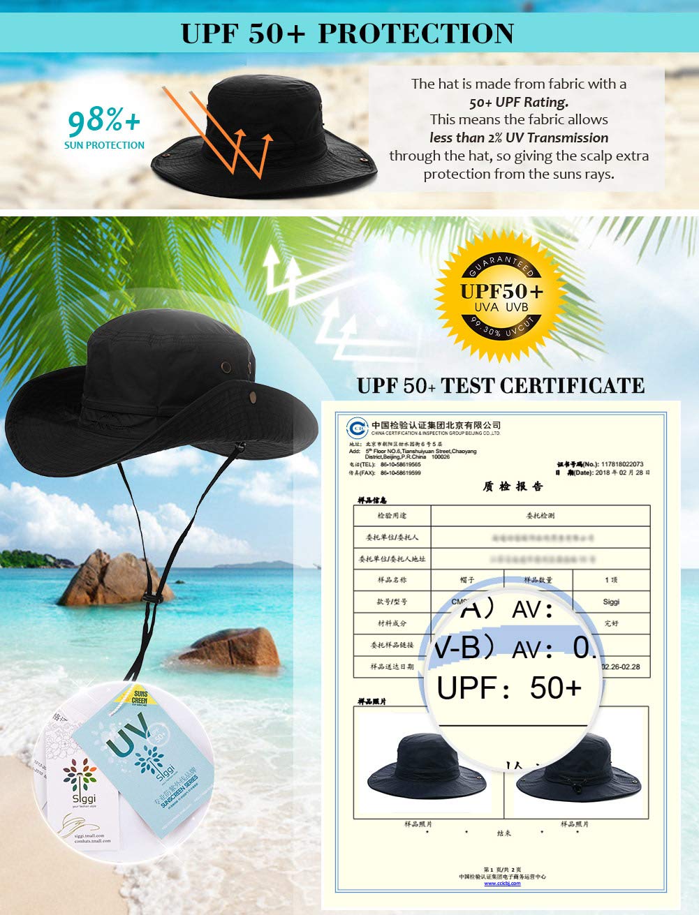 Comhats Chapeaux de soleil UPF 50 à large bord - Maille d'été - Protection UV - Chapeau safari pour la pêche, la randonnée - Chapeaux de boonie avec mentonnière - Imperméable et respirant, 00702_Noir,