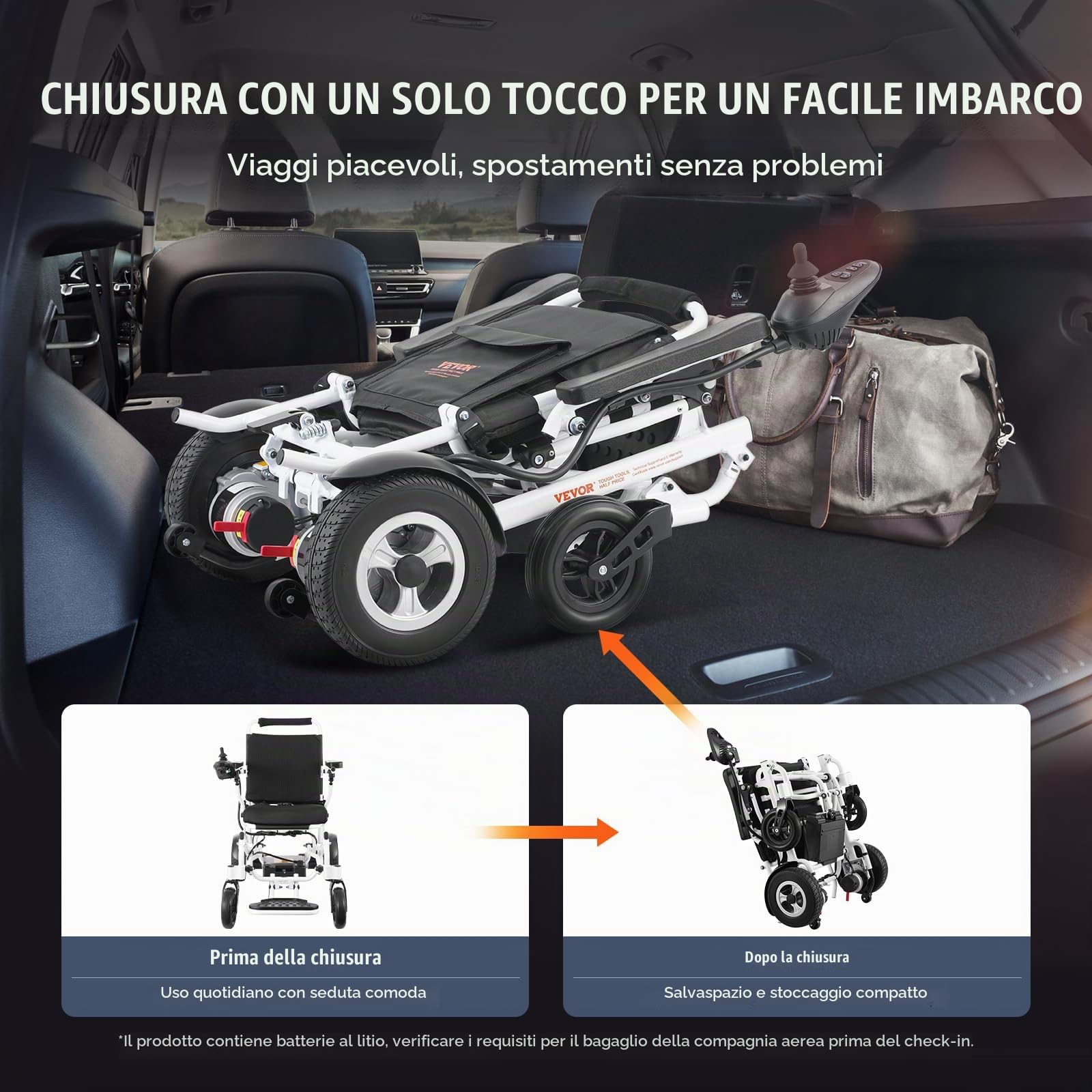 VEVOR Sedia a Rotelle Elettrica per Adulti Anziani, Capacità Carico 136,08 kg, Sedia a Rotelle Motorizzata Pieghevole Leggera Larghezza 449,58 mm, Sedia Elettrica per Tutti i Terreni Lega Alluminio