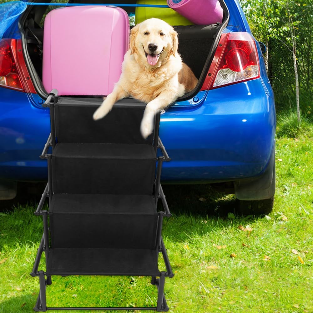 QSTNOLOGY Dog Stairs for Large Dogs, Foldable Dog Ramp for Car with Non-Slip Surface, Lightweight Dog Stairs for Cars, Dog Steps for Cars, SUV, High Beds, Truck, Supports up to 132 lbs, 4 Steps