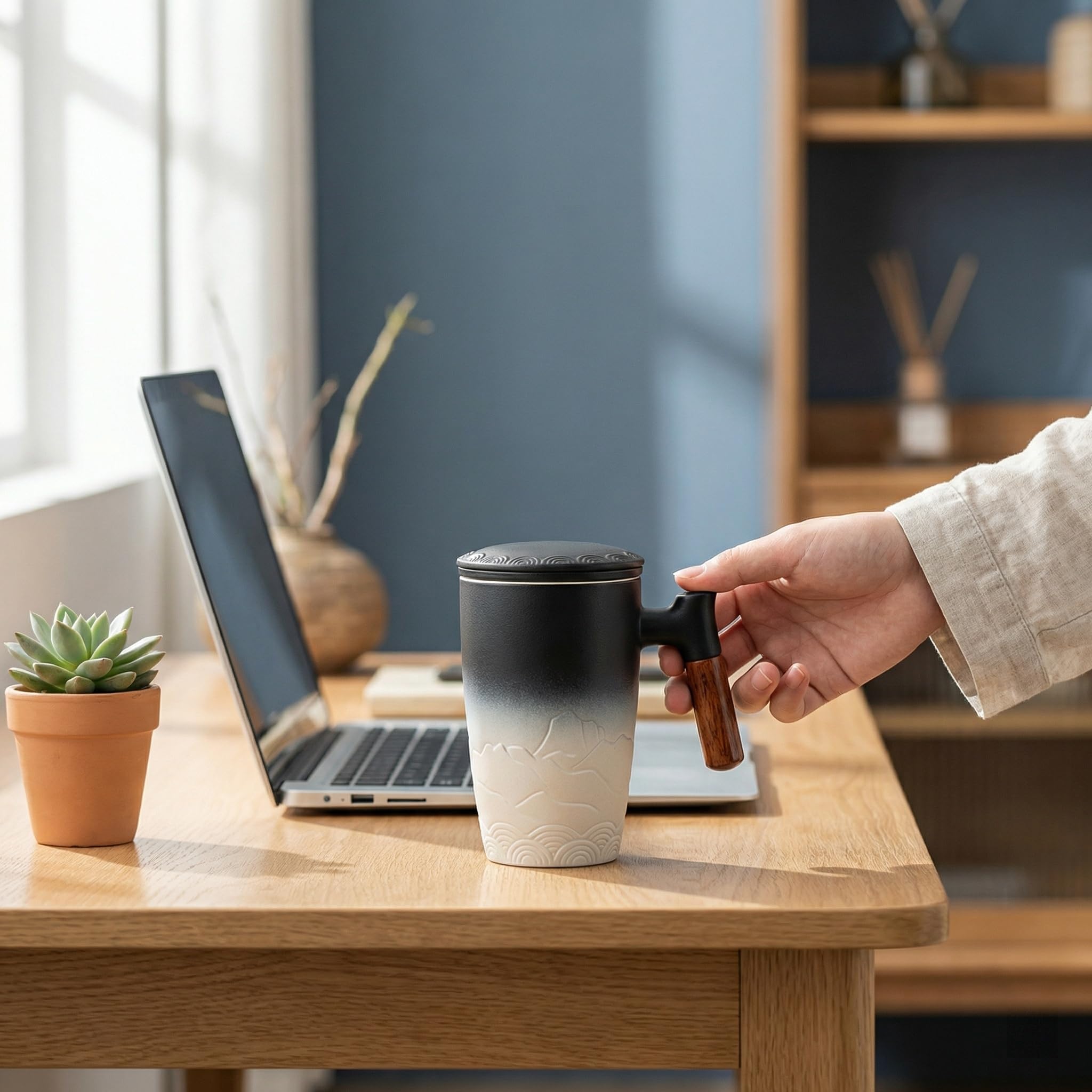 Tee-Ei aus Keramik mit Holzgriff und Deckel, stilvoller Steeper mit Filter, perfekt für Teeliebhaber, ideal für Zuhause und Büro