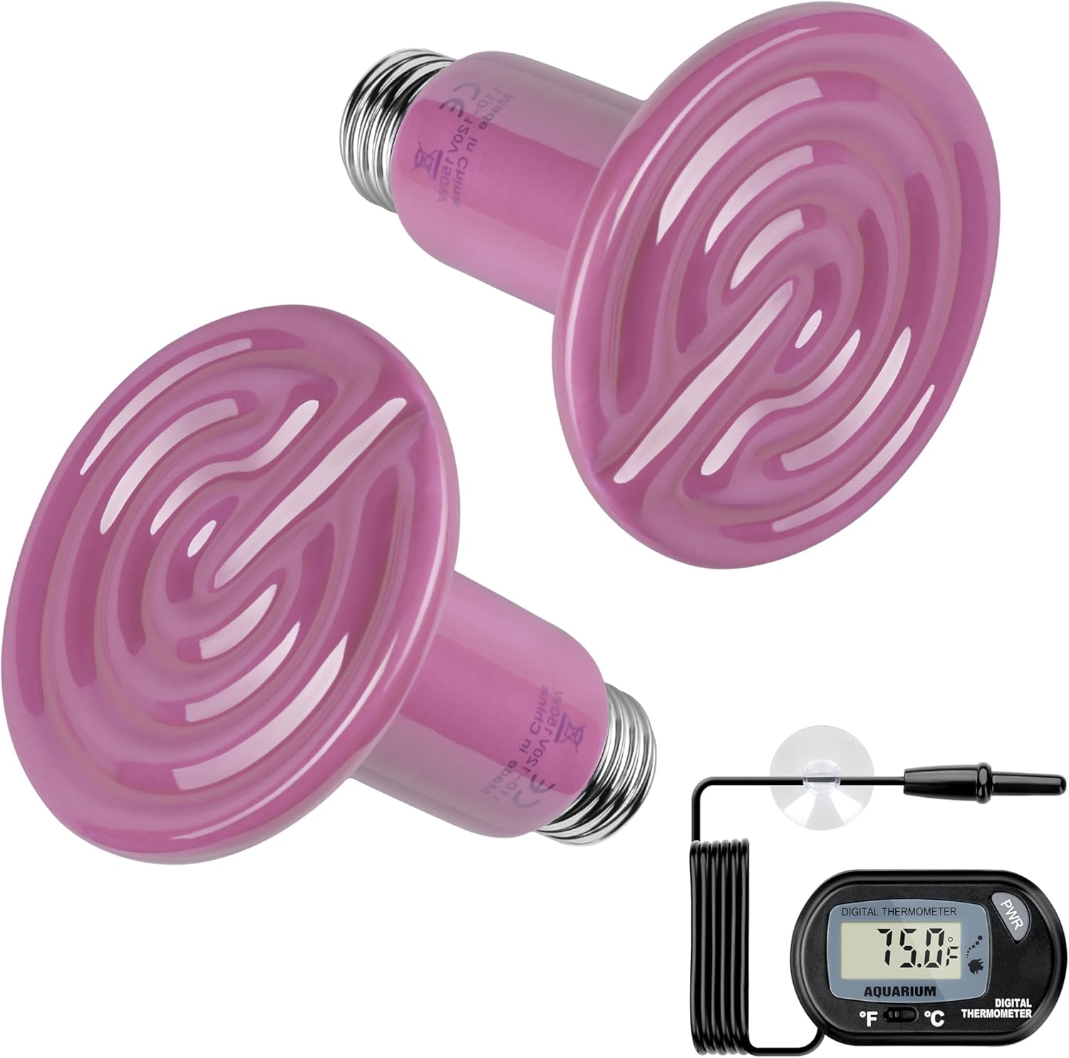 Simple Deluxe 150W 2-Pack Ceramic Heat Emitter Reptile Heat Bulb No Light, LCD Digital Aquarium Thermometer, for Reptile Amphibian, 2 Pack + Thermometer, Purple