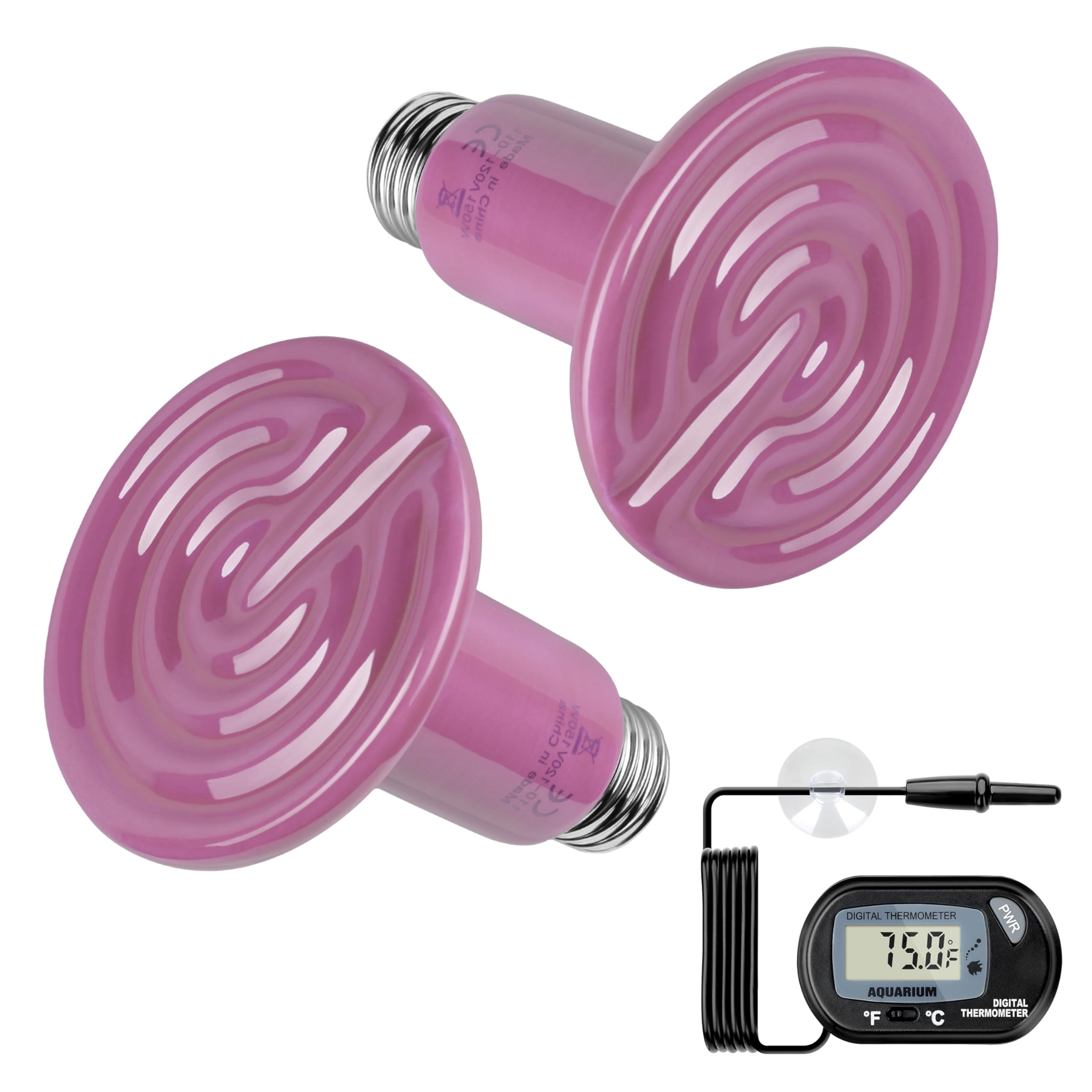 Simple Deluxe 150W 2-Pack Ceramic Heat Emitter Reptile Heat Bulb No Light, LCD Digital Aquarium Thermometer, for Reptile Amphibian, 2 Pack + Thermometer, Purple