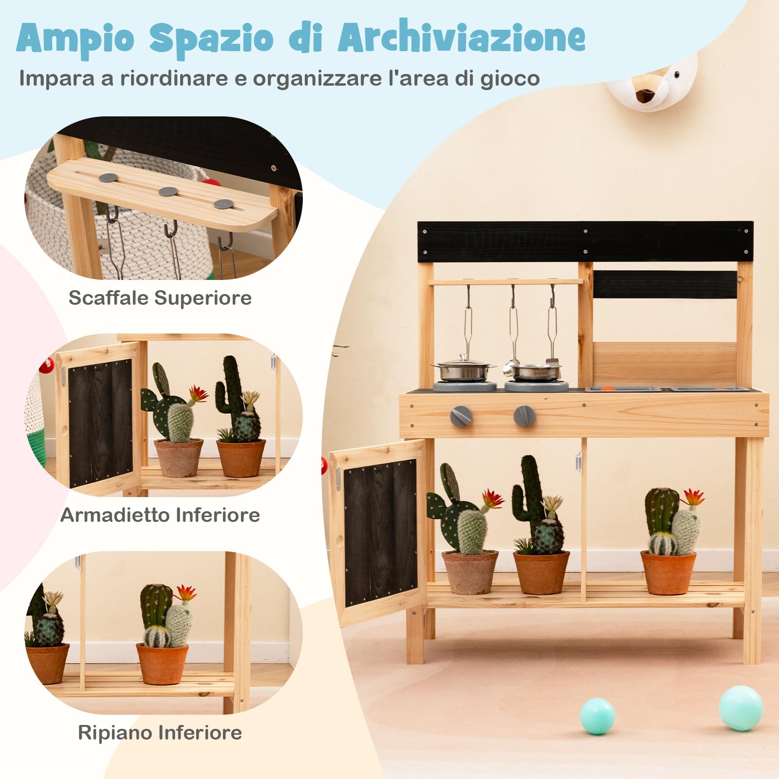 COSTWAY Cucina Giocattolo Bambini, Cucina da Esterno in Legno con 2 Lavandini Removibili, Piano Cottura e Utensili e Spazio di Archiviazione, 67 x 30 x 82 cm