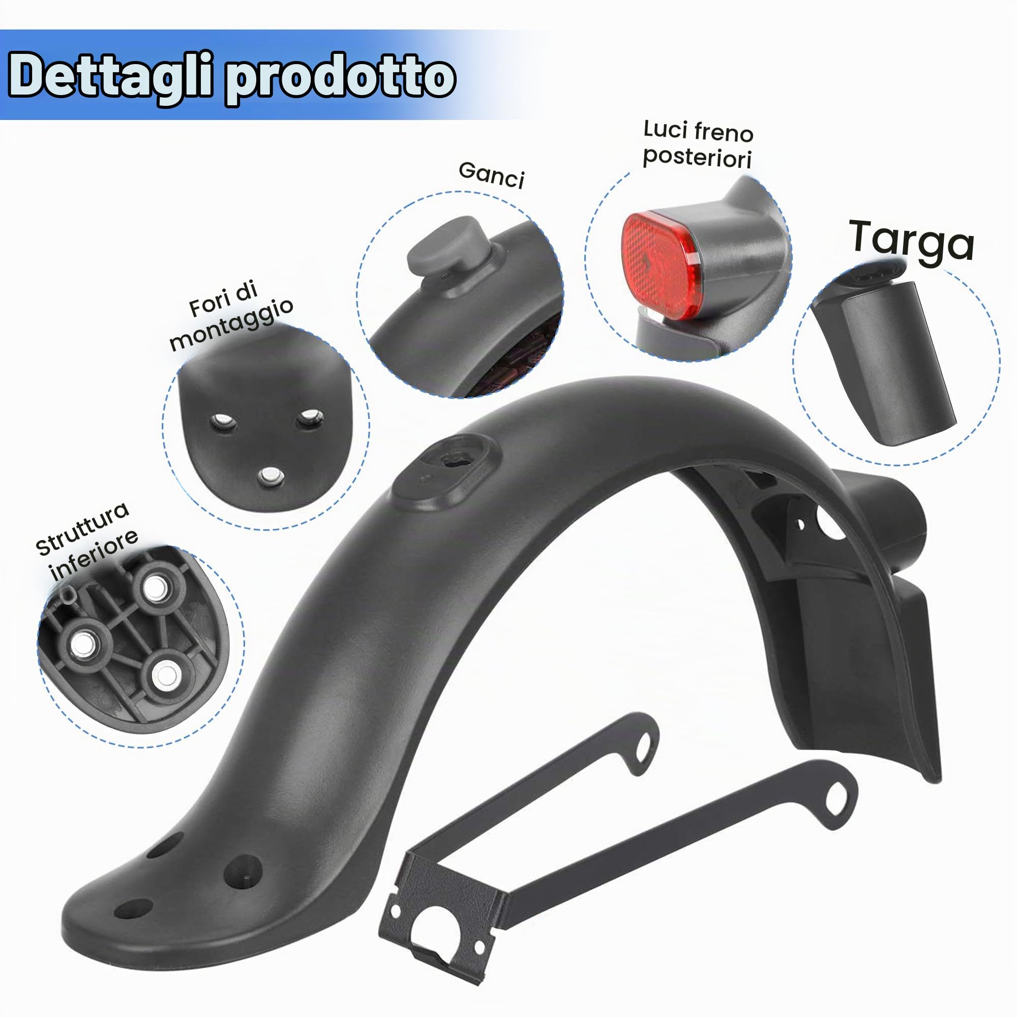Parafango Posteriore per Monopattino Elettrico Xiaomi M365 Pro2/Pro/1S/Essentia，Parafango Posteriore per Scooter con Luce Posteriores LED/Riflettori e Ganci，Accessorio di Ricambio Xiaomi