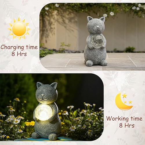 Miniatura 5 de Tiejiajiang Estatua solar de gato para decoración de jardín, regalos para amantes de los gatos, con luces LED solares miradoras, decoración de gato