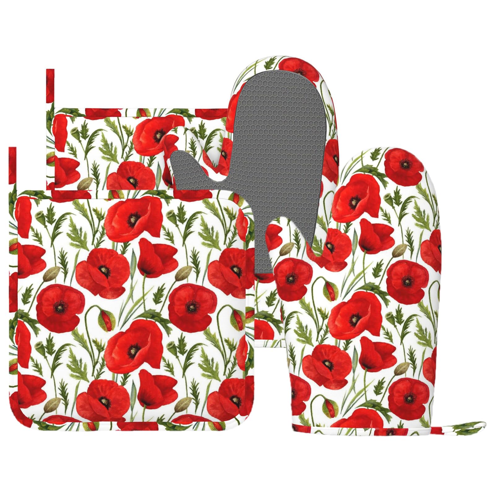 Lot de 4 maniques et maniques à imprimé coquelicot rouge | Moufles de cuisine élégantes en silicone motif coquelicots vintage pour cuisine, chef, barbecue, barbecue