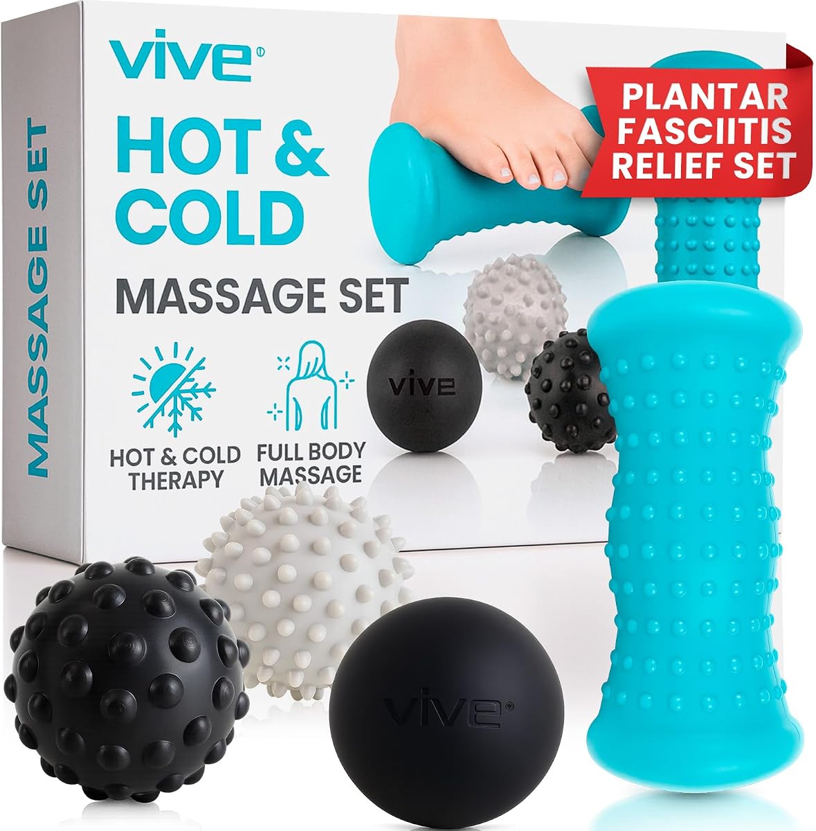 Juego de bolas de masaje Vive (4 piezas) - Alivio de la fascitis plantar dolor de pies caliente | Terapia de frío: espolón en el talón, dolor muscular, punto gatillo, espalda, brazo, cuello, hombro, rodillo de circulación de piernas
