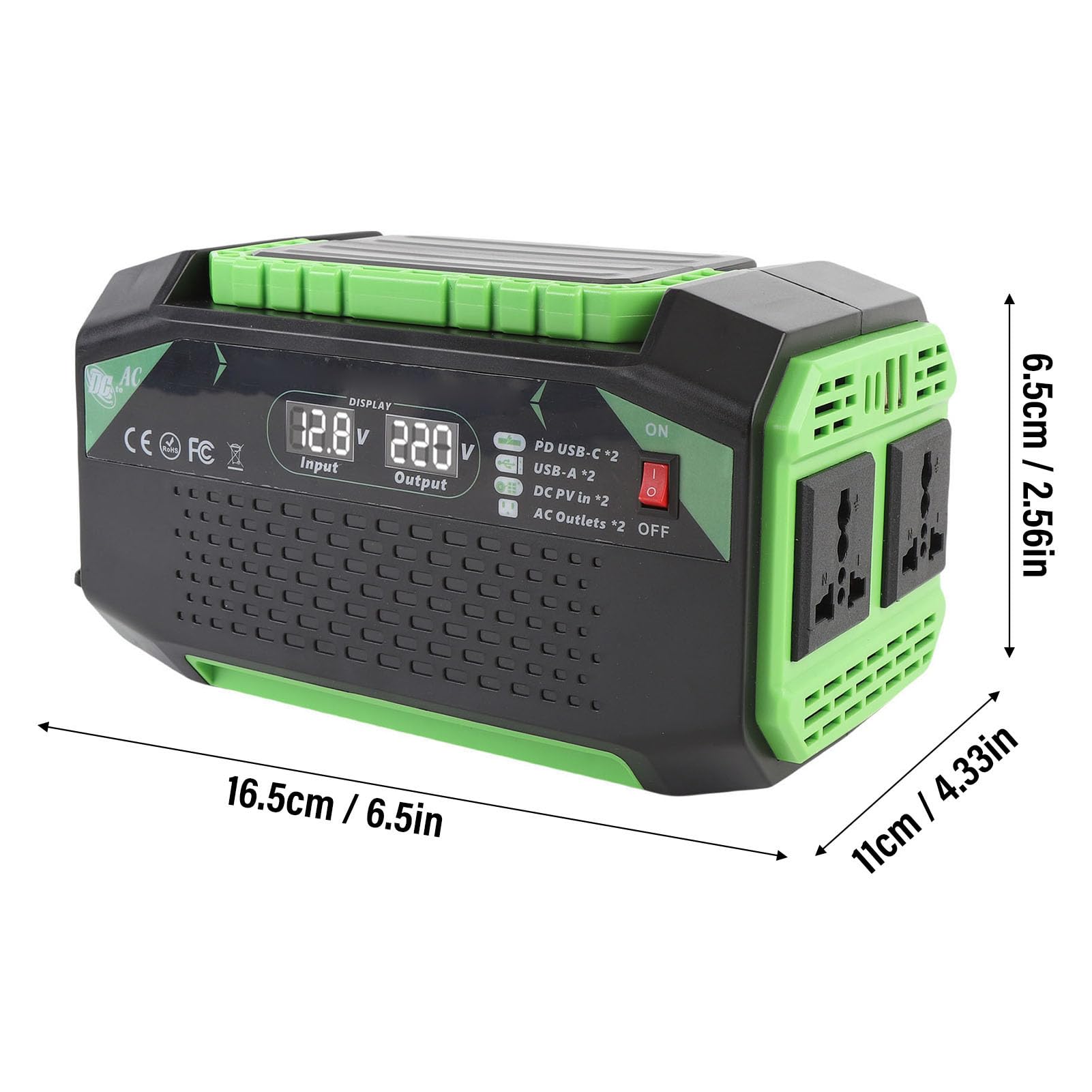 Luocute Ogranicznik Prądu Samochodowego 600 W, DC 12V do AC 20V Vehicle Vehicle ładowarka z 2 Gniazdkami, 2 USB C PD, 2 USB A, QC Szybkie ładowanie, Wyświetlacz Napięcia, Wentylator