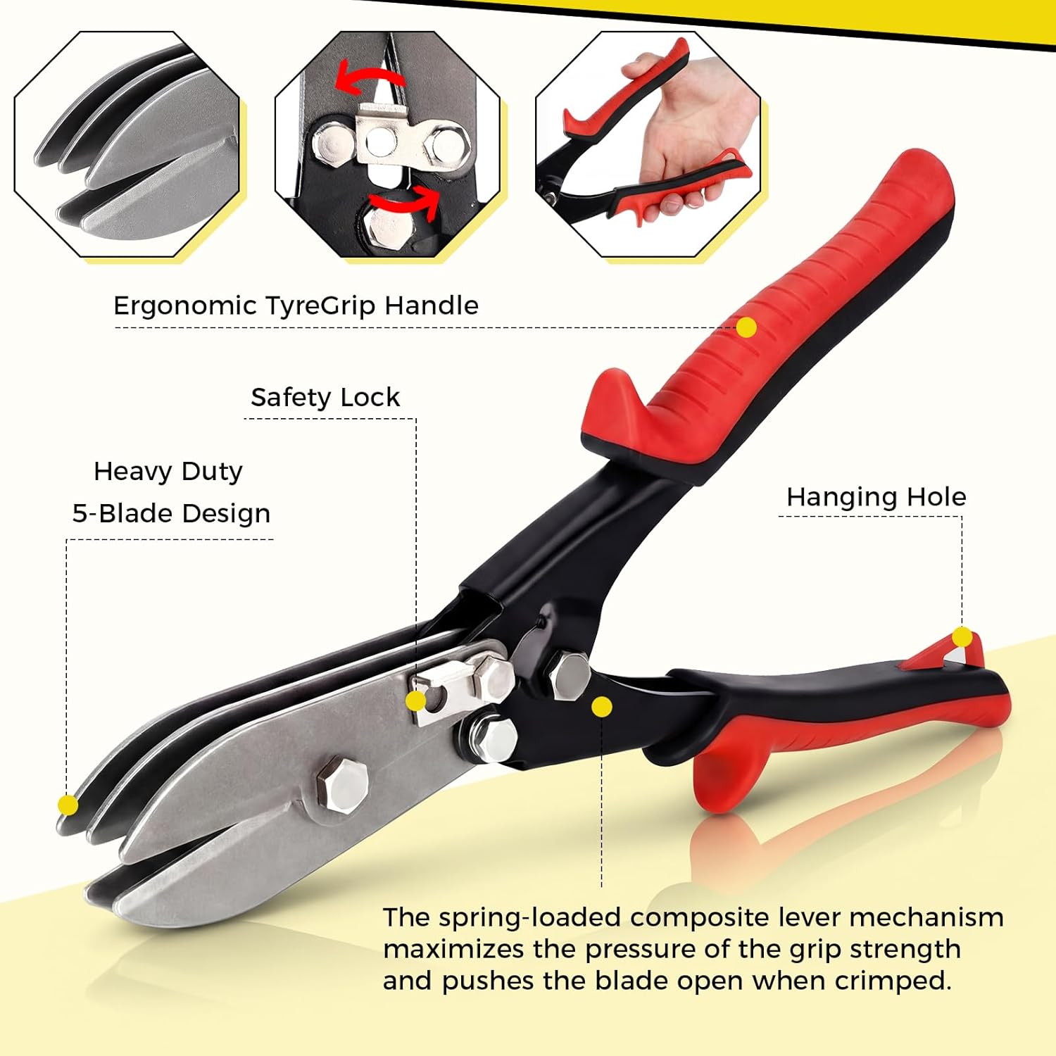 Lothee 4 Unit 5 Blade Hand Crimper Sheet Metal Tool, Gutter Crimping HVAC Hand Tool for 22-28 Gauge Stainless Steel, Duct, Stove Pipes 10-1/2" Sheet Metal Rust Resistant Ergonomic Handle(Color)